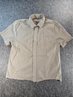 Mens S Striped Short Sleeve Button Down 100% Cotton Raw Hem